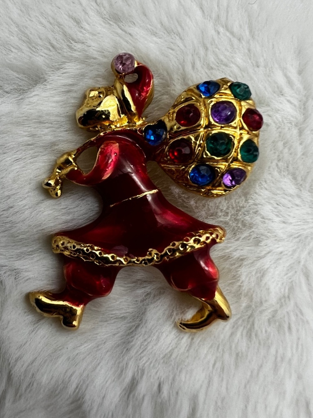 Vintage Enamel Santa Claus Rhinestone Toy Sack Christmas Brooch